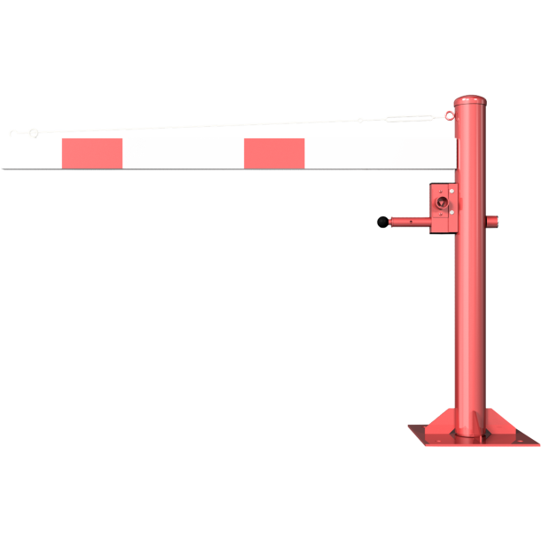 Swing barrier | with pull rope reinforcement | to be fixed by plugs, hot-dip galvanized and red coated with white reflecting rings | Barrier arm length: 1500 mm | with triangular lock